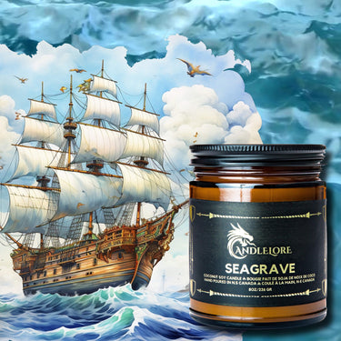 candle with a pirate ship beside it